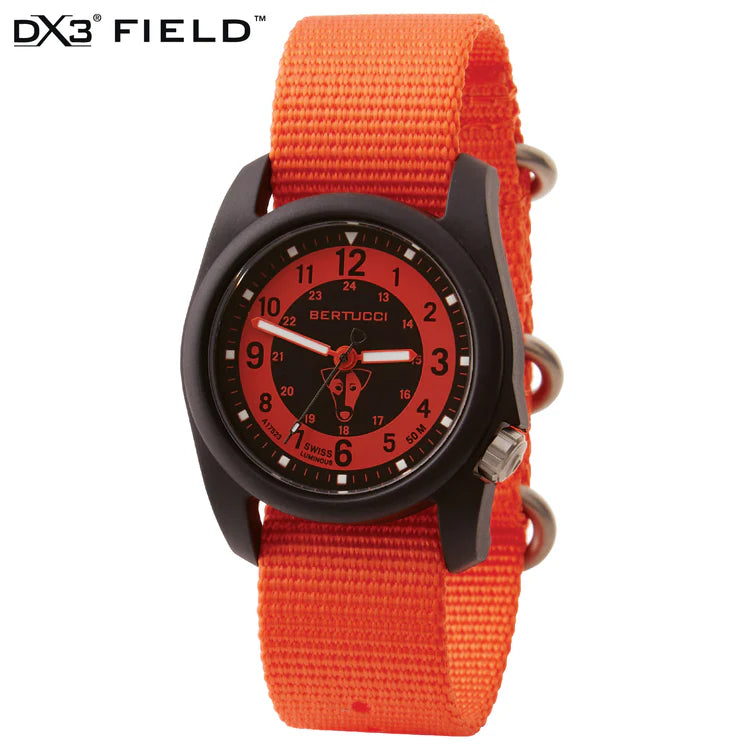 BERTUCCI DX3 Field Watch with Base Camp Enzo dial, matte black 40 mm Unibody case, and Base Camp Orange B‑Type nylon band – outdoor military quartz watch