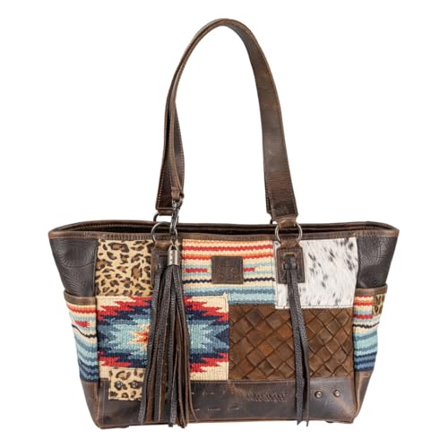 STS Ranchwear Women's Genuine Leather/Cowhide/Cotton Blend Chaynee Mountain Tote Bag With Dual Leather Carry Handles w/Accents & Fringe by STS Ranchwear in Brown