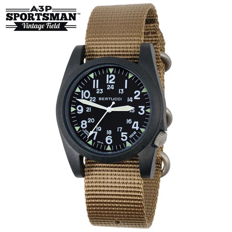 Bertucci A-3P Sportsman Field Watch 42mm – Black Dial, Coyote Nylon Band