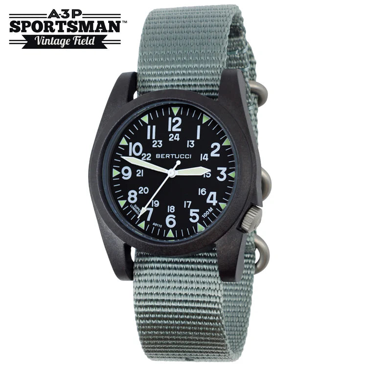Bertucci A-3P Sportsman Field Watch 42mm – Black Dial, Vintage Drab Nylon Band
