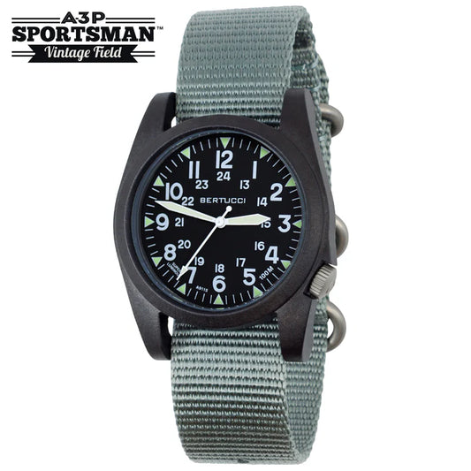 Bertucci A-3P Sportsman Field Watch 42mm – Black Dial, Vintage Drab Nylon Band