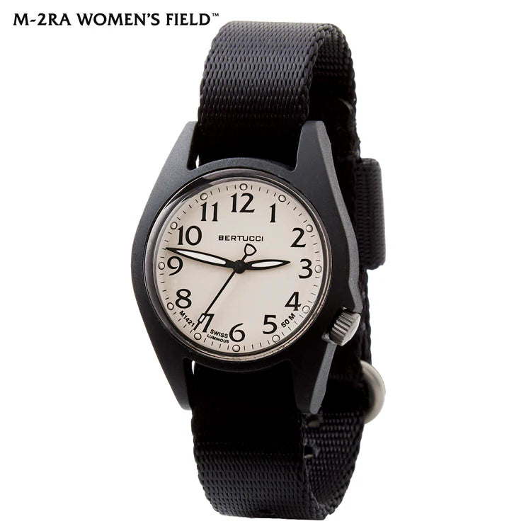 Bertucci M-2RA women's field watch 35mm sand dial black comfort webb band