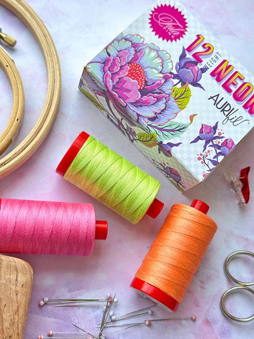 Aurifil Designer Collections 3 Large Spools 100% Cotton 12wt (356 Yards Each) TP12NC3 | 12wt Neon by Tula Pink Colors Included: 7002, 7000, 7001 - Made in Italy
