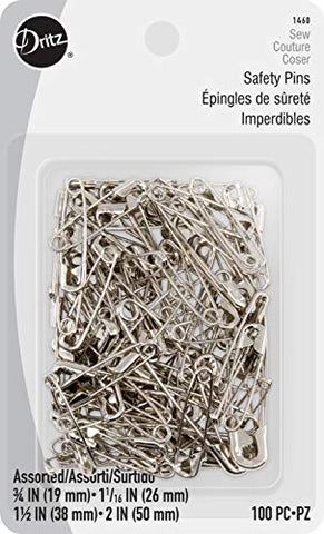 Dritz 1460 Safety Pins, Nickel Plated Steel, Assorted Sizes (100-Count)