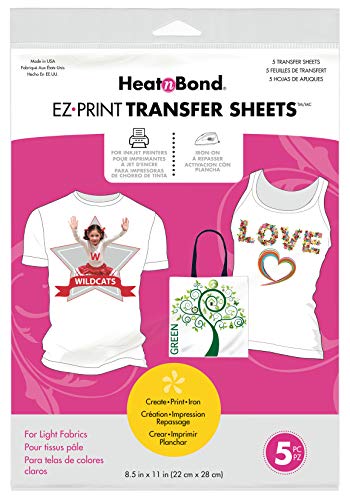 HeatnBond EZ Print Transfer Sheet for Light Fabrics, 5 Sheets, 8.5 Inches x 11 Inches