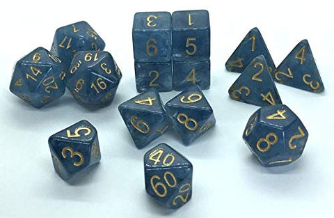 Set of 15 Dice: Polyhedral Blue Jade Shoes w/ Gold Numbers