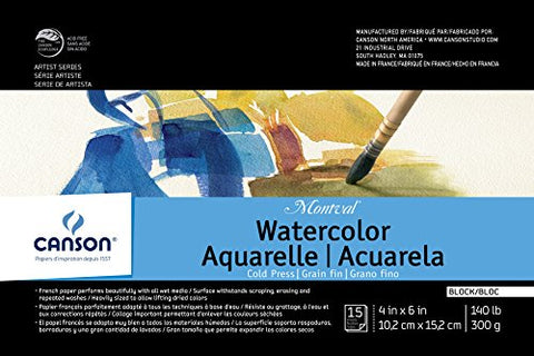 Canson Montval Watercolor Block, Cold Press Acid Free French Paper, 140 Pound, 4 x 6 Inch, 15 Sheets