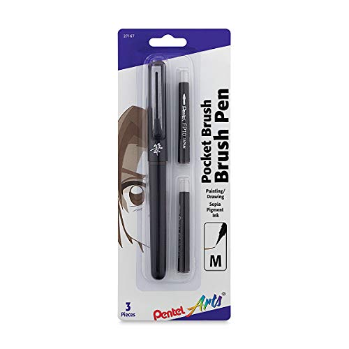 Pentel Arts Pocket Brush Pigment Ink Pen w/Refills - (1) Pocket Brush Pen, (2) Pigment Ink Refills - Sepia (GFKP3BPSP)