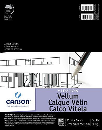 Canson Artist Series Vidalon Vellum Paper Pad, Translucent and Acid Free for Pencil, Ink and Markers, Fold Over, 55 Pound, 11 x 14 Inch, 50 Sheets