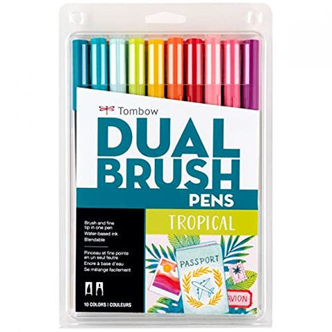 Tombow 56189 Dual Brush Pen Art Markers, Tropical, 10-Pack. Blendable, Brush and Fine Tip Markers
