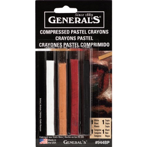 General Pencil Compressed Pastel Crayons 4/Pkg-1 White/1 Sepia/1 Sanguine/1 Black