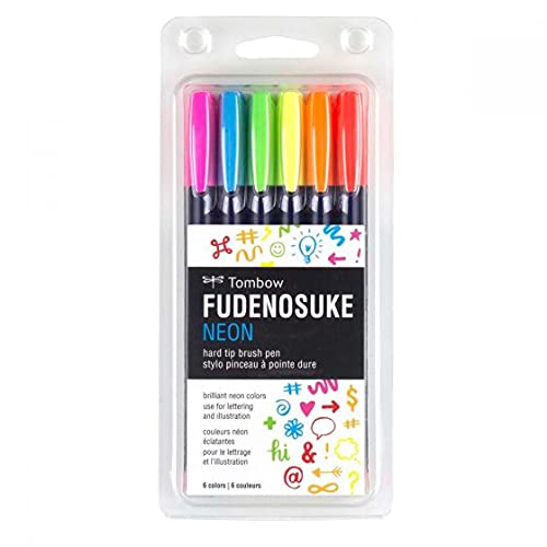 Tombow 56437 Fudenosuke Neon Brush Pen, 6-Pack. Hard Tip Fudenosuke Brush Pens in Assorted Neon Colors for Calligraphy and Art Drawings