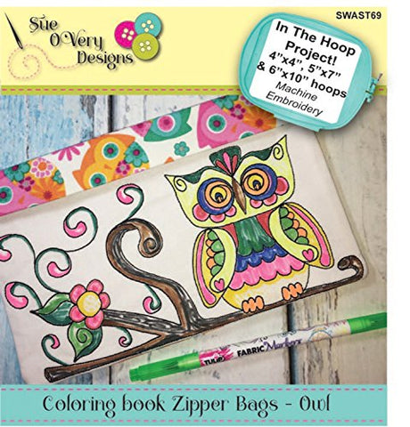 SueOVeryDesigns Owl Coloring Book Zipper Bags in The Hoop Embroidery CD